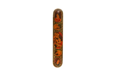 Lot 25 - TWO LACQUERED PAPIER-MÂCHÉ PEN CASES WITH PORTRAITS OF SHEIKH SAN'AN AND THE CHRISTIAN MAIDEN