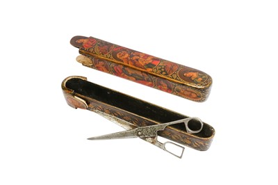 Lot 25 - TWO LACQUERED PAPIER-MÂCHÉ PEN CASES WITH PORTRAITS OF SHEIKH SAN'AN AND THE CHRISTIAN MAIDEN