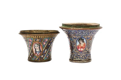 Lot 28 - TWO QAJAR POLYCHROME-PAINTED ENAMELLED SILVER AND COPPER QALYAN CUPS WITH YOUTH PORTRAITS