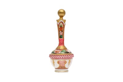 Lot 43 - A BOHEMIAN GILT AND PAINTED CLEAR PINK GLASS SCENT BOTTLE