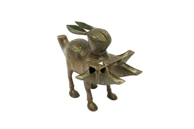 Lot 13 - A CAST BRONZE FIVE-SPOUTED LAMP IN THE SHAPE OF A HARE