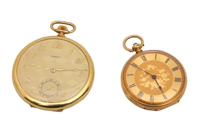 Lot 1111 - AN 18K GOLD FOB WATCH AND A GOLD-FILLED POCKET WATCH
