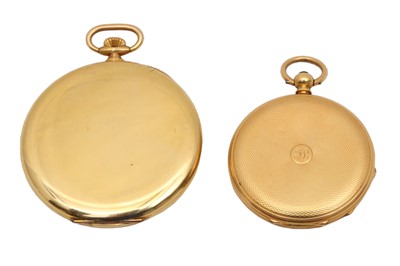 Lot 1111 - AN 18K GOLD FOB WATCH AND A GOLD-FILLED POCKET WATCH