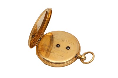 Lot 1111 - AN 18K GOLD FOB WATCH AND A GOLD-FILLED POCKET WATCH