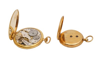 Lot 1111 - AN 18K GOLD FOB WATCH AND A GOLD-FILLED POCKET WATCH