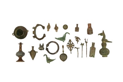 Lot 12 - TWENTY-ONE SMALL SELJUK BRONZE VESSELS, ACCESSORIES, AND FRAGMENTS