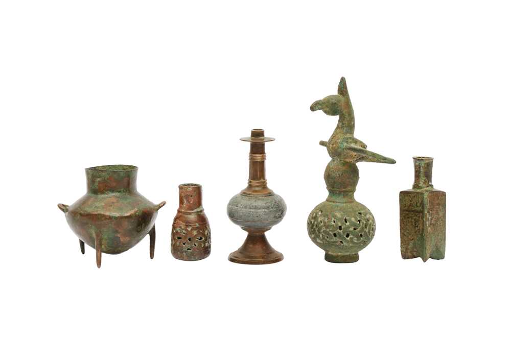 Lot 12 - TWENTY-ONE SMALL SELJUK BRONZE VESSELS, ACCESSORIES, AND FRAGMENTS