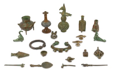 Lot 12 - TWENTY-ONE SMALL SELJUK BRONZE VESSELS, ACCESSORIES, AND FRAGMENTS
