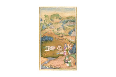 Lot 86 - AN ILLUSTRATION FROM A KHAMSA BY NIZAMI GANJAVI: SHIRIN MOURNING FARHAD'S DEATH