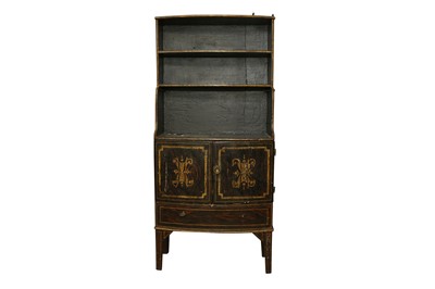 Lot 180 - A REGENCY PAINTED PINE SIMULATED ROSEWOOD BOW FRONTED WATERFALL BOOKCASE, CIRCA 1810