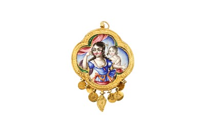 Lot 21 - A QAJAR POLYCHROME-PAINTED ENAMELLED GOLD PENDANT WITH MOTHER AND CHILD
