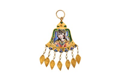 Lot 22 - A POLYCHROME-PAINTED ENAMELLED GOLD PENDANT WITH A QAJAR MAIDEN