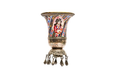 Lot 29 - A POLYCHROME-PAINTED ENAMELLED SILVER QALYAN CUP WITH QAJAR YOUTHS PORTRAITS