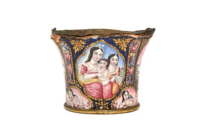 Lot 35 - A QAJAR POLYCHROME-PAINTED ENAMELLED COPPER QALYAN CUP WITH MOTHER AND CHILD PORTRAITS
