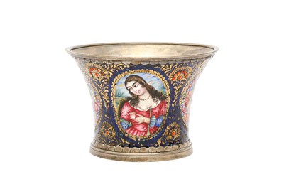 Lot 27 - A POLYCHROME-PAINTED ENAMELLED SILVER AND COPPER QALYAN CUP WITH QAJAR COUPLE