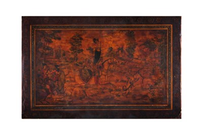Lot 57 - A QAJAR LACQUERED PAPIER-MÂCHÉ PANEL WITH FATH' ALI SHAH HUNTING