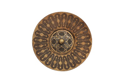 Lot 18 - A FINE QAJAR SILVER-OVERLAID GOLD-DAMASCENED STEEL EWER AND A STEEL BASIN WITH OPENWORK COVER