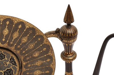 Lot 18 - A FINE QAJAR SILVER-OVERLAID GOLD-DAMASCENED STEEL EWER AND A STEEL BASIN WITH OPENWORK COVER