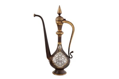 Lot 18 - A FINE QAJAR SILVER-OVERLAID GOLD-DAMASCENED STEEL EWER AND A STEEL BASIN WITH OPENWORK COVER