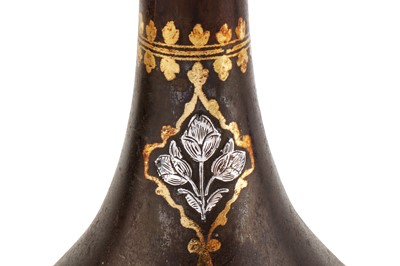 Lot 18 - A FINE QAJAR SILVER-OVERLAID GOLD-DAMASCENED STEEL EWER AND A STEEL BASIN WITH OPENWORK COVER