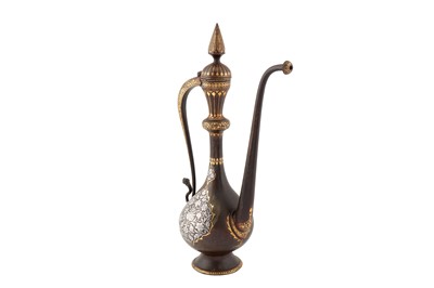 Lot 18 - A FINE QAJAR SILVER-OVERLAID GOLD-DAMASCENED STEEL EWER AND A STEEL BASIN WITH OPENWORK COVER