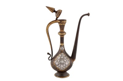 Lot 18 - A FINE QAJAR SILVER-OVERLAID GOLD-DAMASCENED STEEL EWER AND A STEEL BASIN WITH OPENWORK COVER