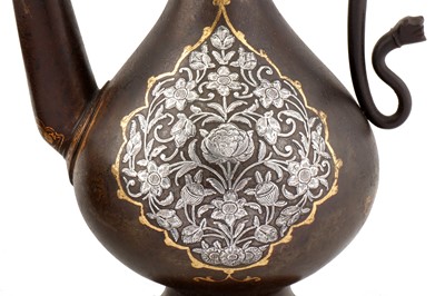 Lot 18 - A FINE QAJAR SILVER-OVERLAID GOLD-DAMASCENED STEEL EWER AND A STEEL BASIN WITH OPENWORK COVER