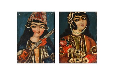 Lot 20 - A FEMALE QAJAR BEAUTY AND A COURTLY MUSICIAN