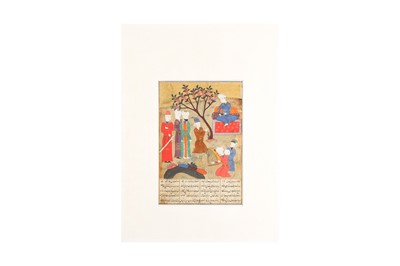 Lot 51 - AN ILLUSTRATED FOLIO FROM A DISPERSED SHAHNAMA BY FERDOWSI: AN AUDIENCE IN A GARDEN