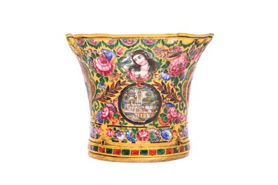 Lot 34 - A QAJAR POLYCHROME-PAINTED ENAMELLED GOLD QALYAN CUP WITH PORTRAITS AND TOWNSCAPES