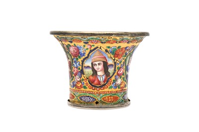 Lot 33 - A QAJAR POLYCHROME-PAINTED ENAMELLED GOLD QALYAN CUP WITH MOTHER AND CHILD AND DERVISH PORTRAITS