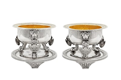 Lot 428 - Earl of Lonsdale service - A large and fine matched pair of George III sterling silver ‘Egyptomania’ salts, London 1803 by Digby Scott & Benjamin Smith and London 1810 by Benjamin Smith & James Smith