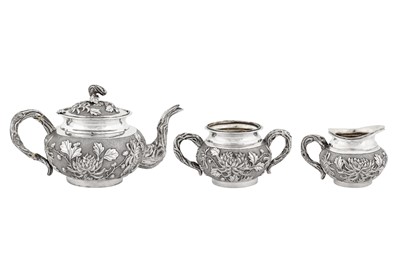 Lot 186 - A late 19th / early 20th century Chinese Export silver three-piece tea service, Canton circa 1900 by Yu Sheng retailed by Sun Shing