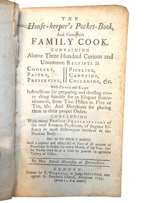 Lot 186 - Harrison.  House-keeper's pocket-book, and compleat family cook. 1733