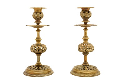 Lot 363 - A PAIR OF BRASS CANDLESTICKS, 19TH CENTURY