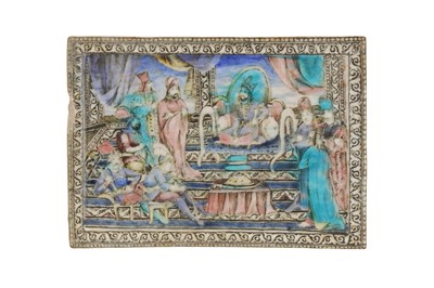 Lot 223 - A QAJAR POLYCHROME-PAINTED POTTERY TILE WITH A COURTLY GATHERING