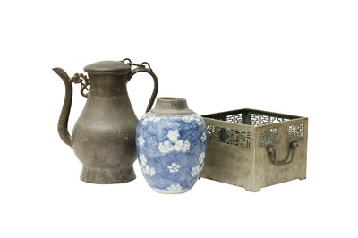Lot 567 - A CHINESE BLUE AND WHITE JAR AND TWO METAL ITEMS