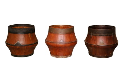 Lot 570 - THREE CHINESE SOUTHERN ELM WOOD GRAIN MEASURE BUCKETS