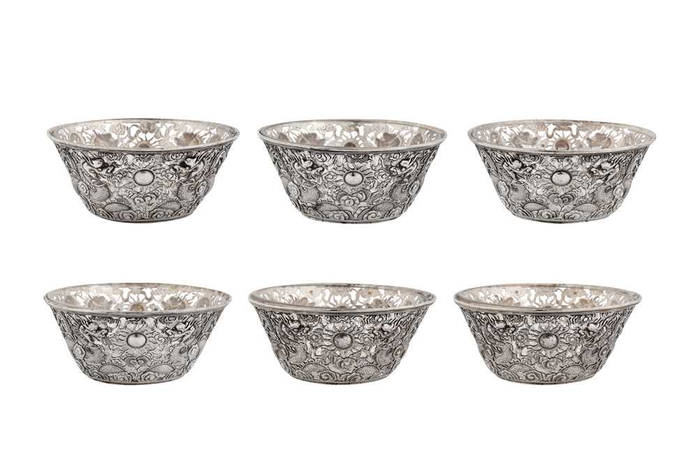 Lot 157 - A set of six early 20th century Chinese export silver bowls, Canton circa 1910 by Qiu Ji, retailed by Ing Wo of Hong Kong