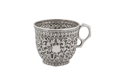 Lot 127 - A late 19th / early 20th century Anglo – Indian silver christening mug or cup, Cutch circa 1900, marked TP, possibly Tarachand Pursram Ramswam of Bombay
