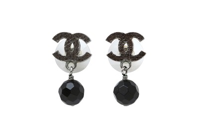 Lot 623 - Chanel Black Crystal CC Drop Pierced Earrings