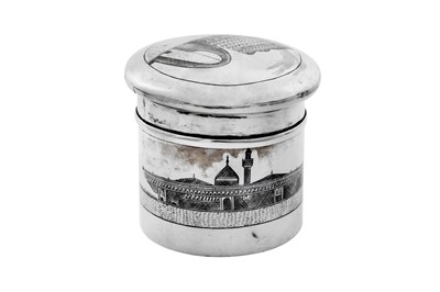 Lot 233 - An early 20th century Iraqi silver and niello dressing table jar, Omara dated 1925