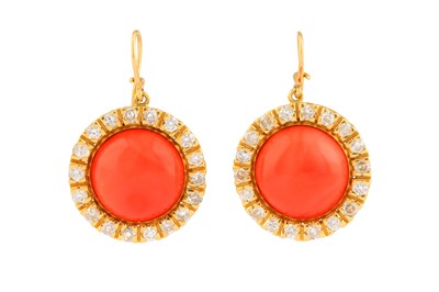 Lot 122 - λ A PAIR OF CORAL AND DIAMOND EARRINGS