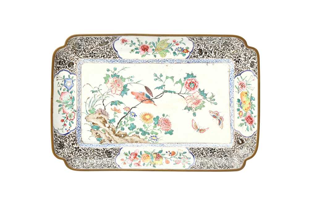 Lot 68 - A CHINESE CANTON ENAMEL 'FLOWER AND BIRD' TRAY