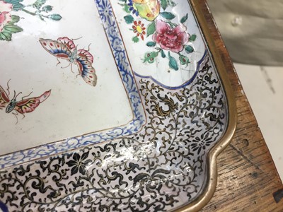 Lot 68 - A CHINESE CANTON ENAMEL 'FLOWER AND BIRD' TRAY
