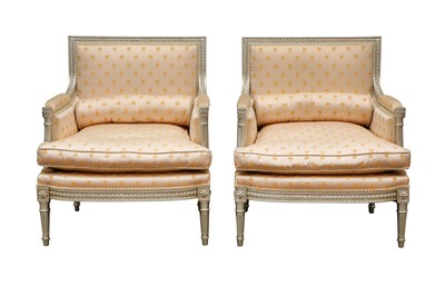 Lot 1421 - A PAIR OF LOUIS XVI STYLE SILVERED WOOD BERGERE ARMCHAIRS, LATE 20TH CENTURY