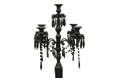 Lot 1812 - A CONTEMPORARY BLACK LACQUERED METAL FLOOR STANDING CANDELABRUM