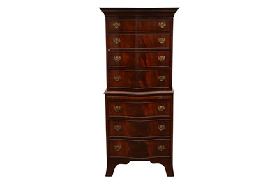 Lot 1454 - A GEORGE III STYLE MAHOGANY CHEST ON CHEST OF SERPENTINE FORM, 20TH CENTURY