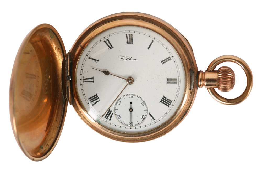 Lot 65 - A GOLD PLATED WALTHAM 'TRAVELER' FULL HUNTER POCKET WATCH