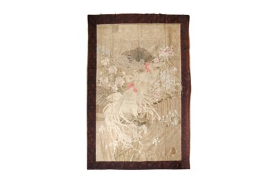 Lot 277 - A LARGE JAPANESE EMBROIDERED 'COCKERELS' WALL HANGING
